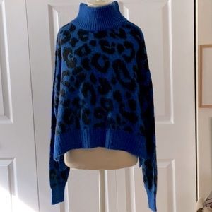 Sweaty Betty Animal Print Sweater- M- Blue & Black-Ribbed Cuffs & Hems